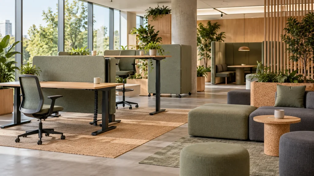 A flexible office with desks at different heights, modular seating and natural materials.