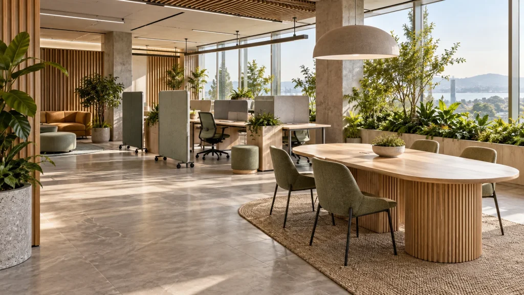 An office with movable dividers, wooden furniture and greenery beside large windows.
