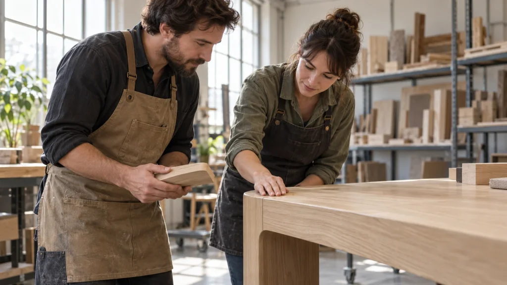Two furniture makers checking the edge and joinery details of a wooden desk together in a workshop.
