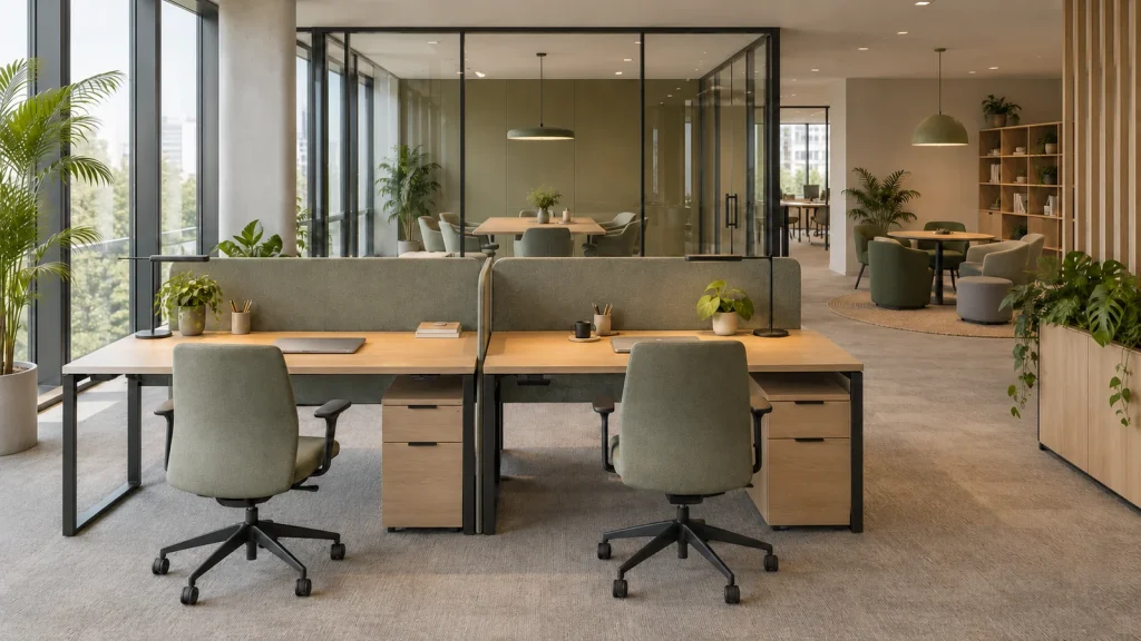 A daylit office with acoustically divided workstations and a glass-partitioned meeting room.