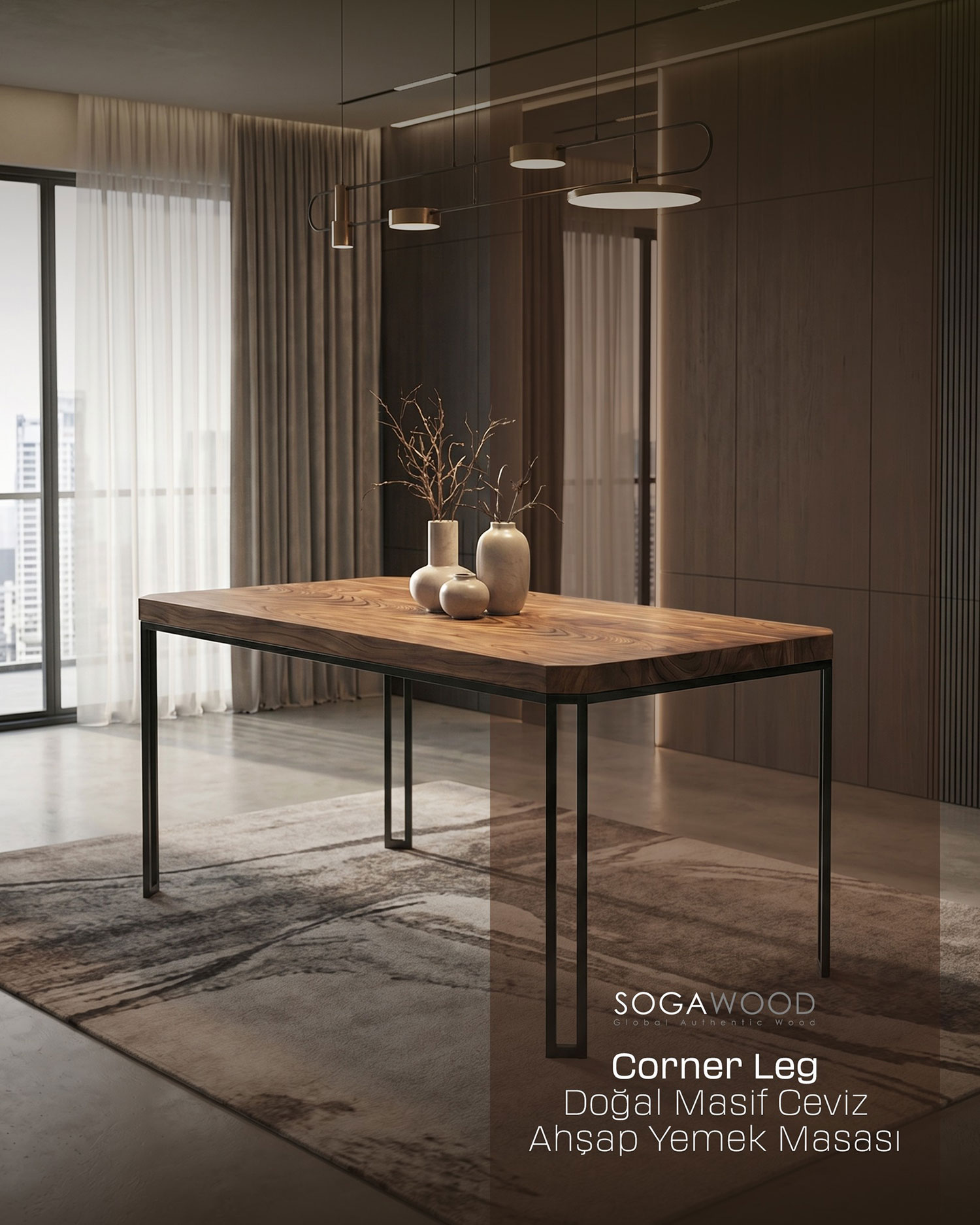 SOGAWOOD - Doğal Masif Ceviz Ahşap Yemek Masası - Corner Leg - Görsel 3